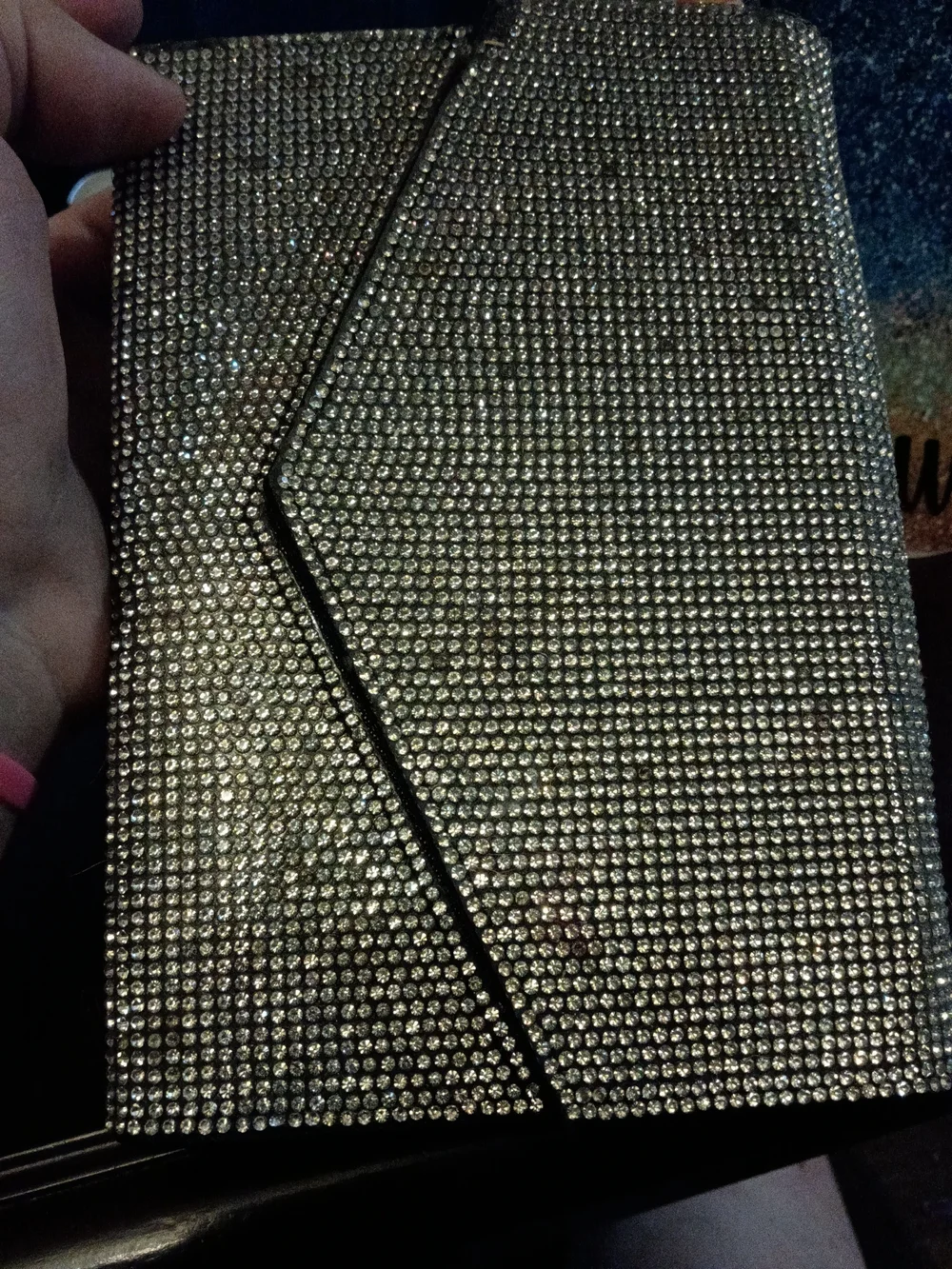 Silver Crystal Envelope Clutch with Black Trim